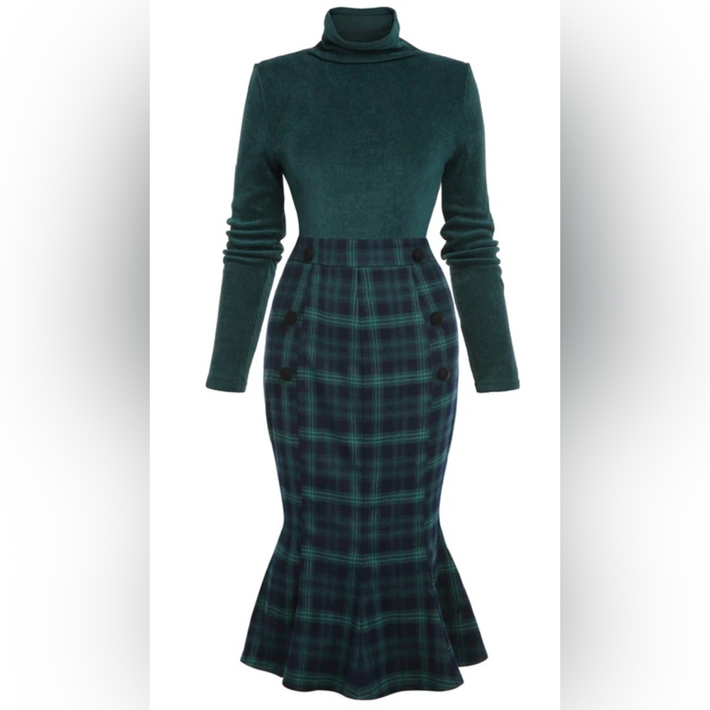 1930s Green Turtleneck Midi Dress with Sleeves